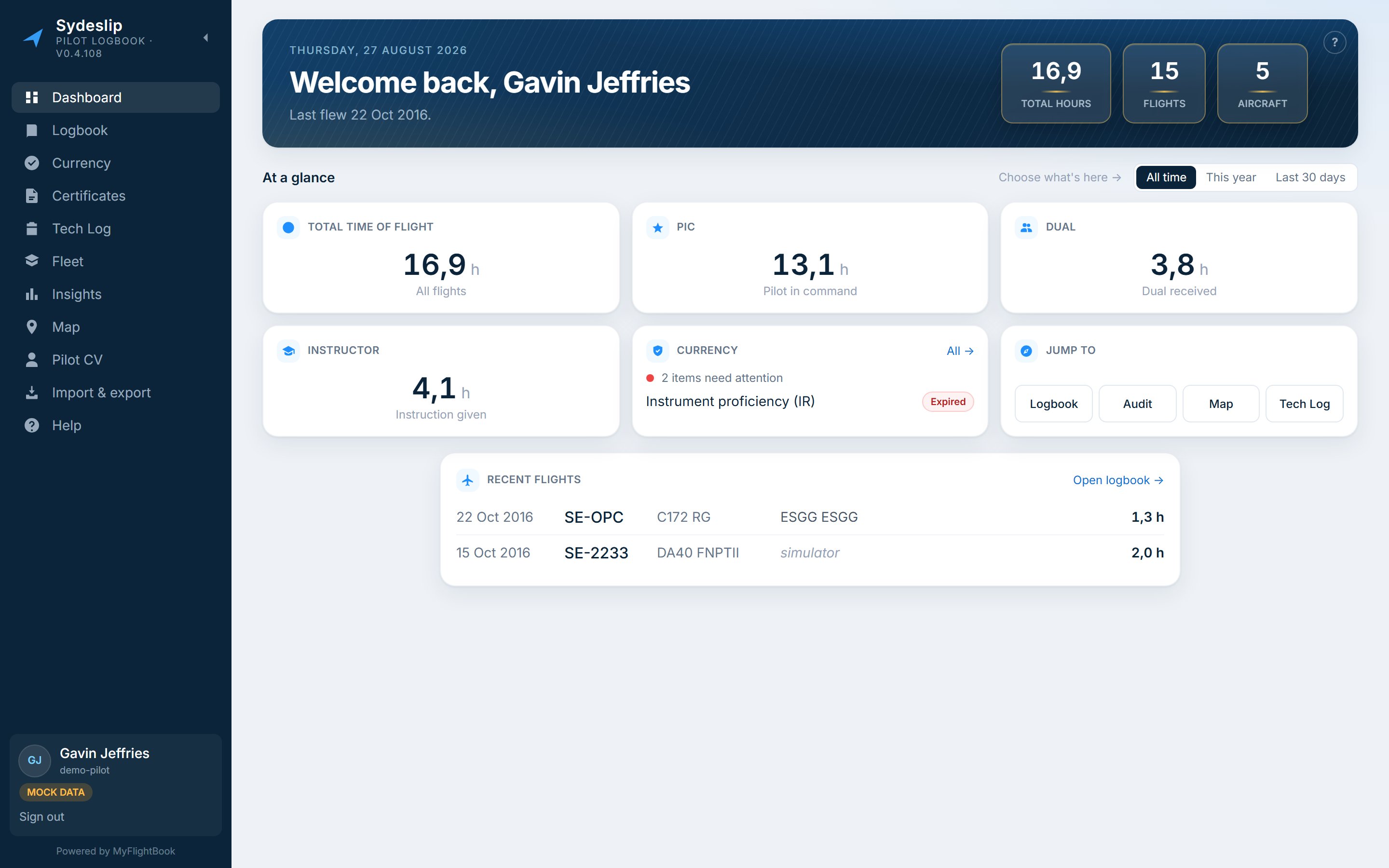 The Sydeslip dashboard: totals, recent flights, currency status and logbook checks laid out in cards.