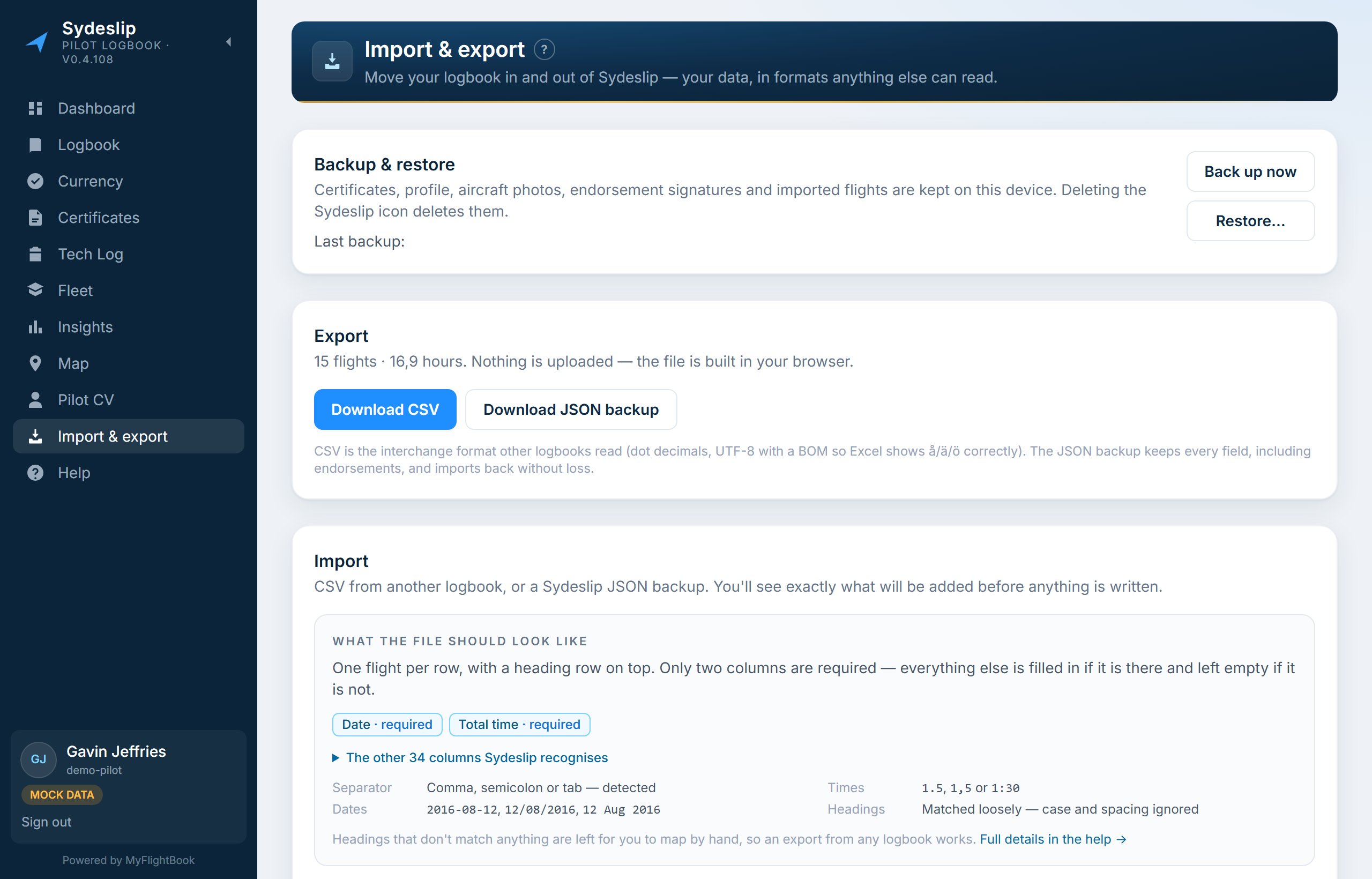 The Import and export page: a column-matching preview of a CSV before it is committed.