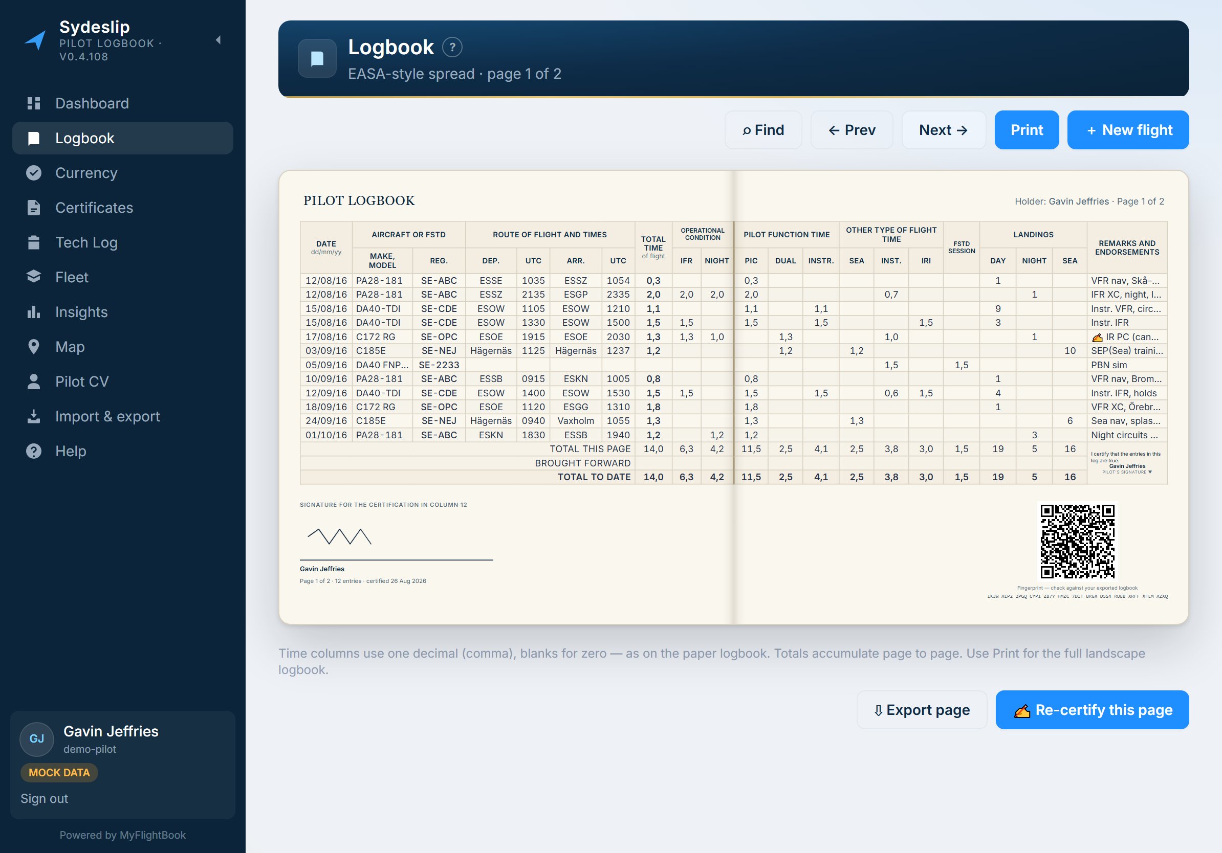 Sydeslip open on an iPad-sized screen, showing the logbook spread with the sidebar down the left.