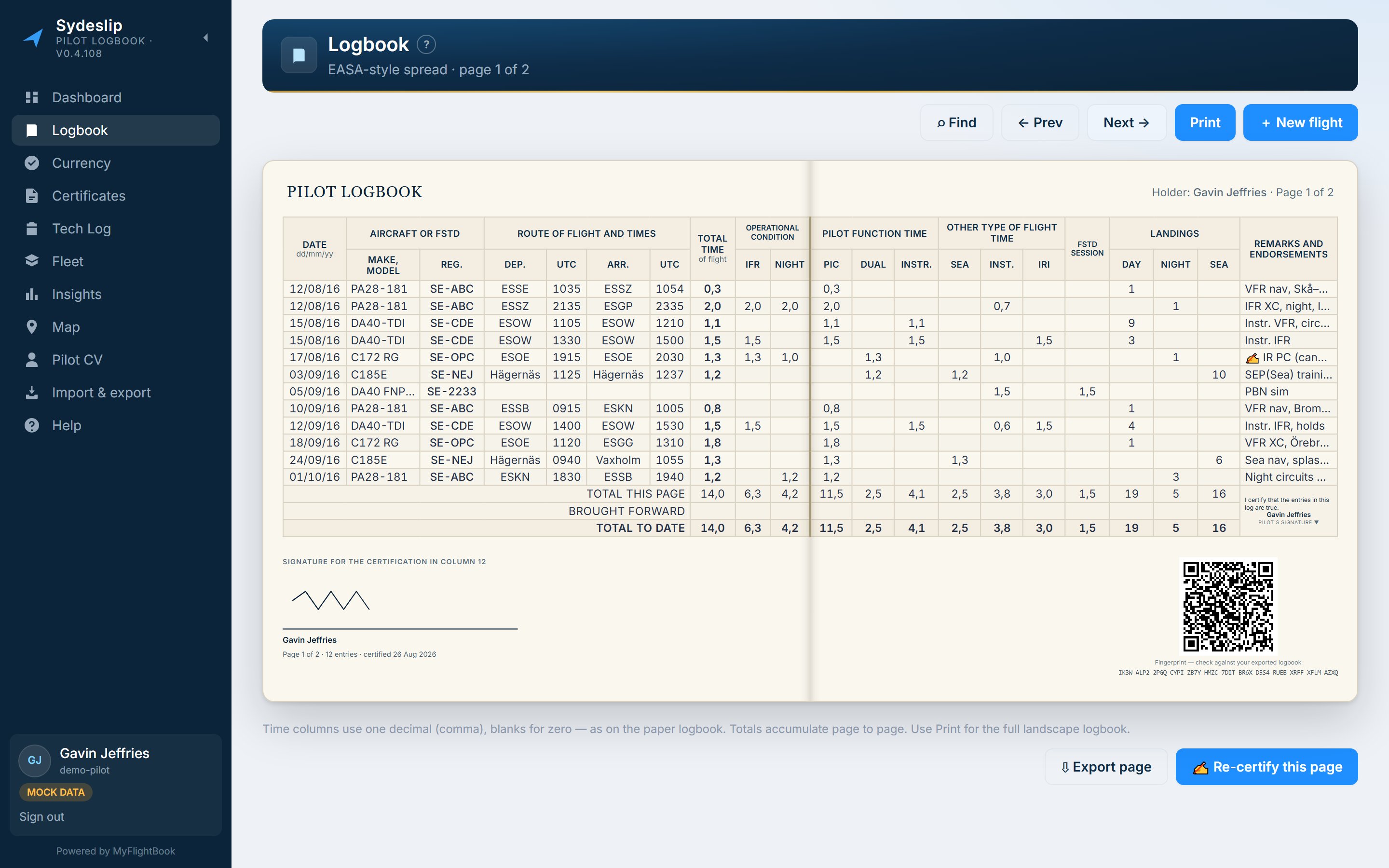 The Sydeslip logbook: a two-page EASA-style spread with twelve flights, page totals along the bottom, and a certification band underneath carrying a signature and a QR code.