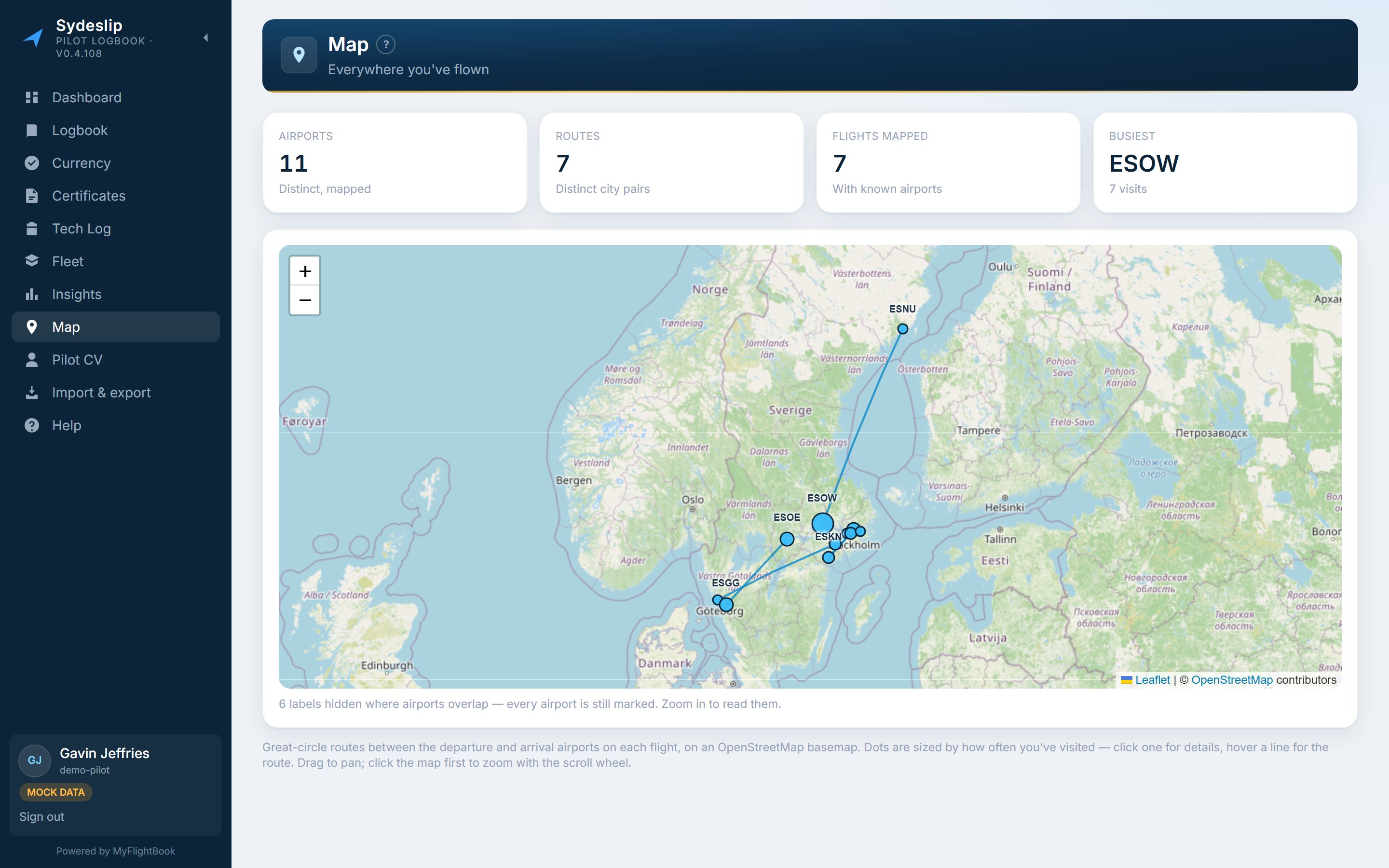The Map page: flown routes drawn as lines between airport markers over an OpenStreetMap background.