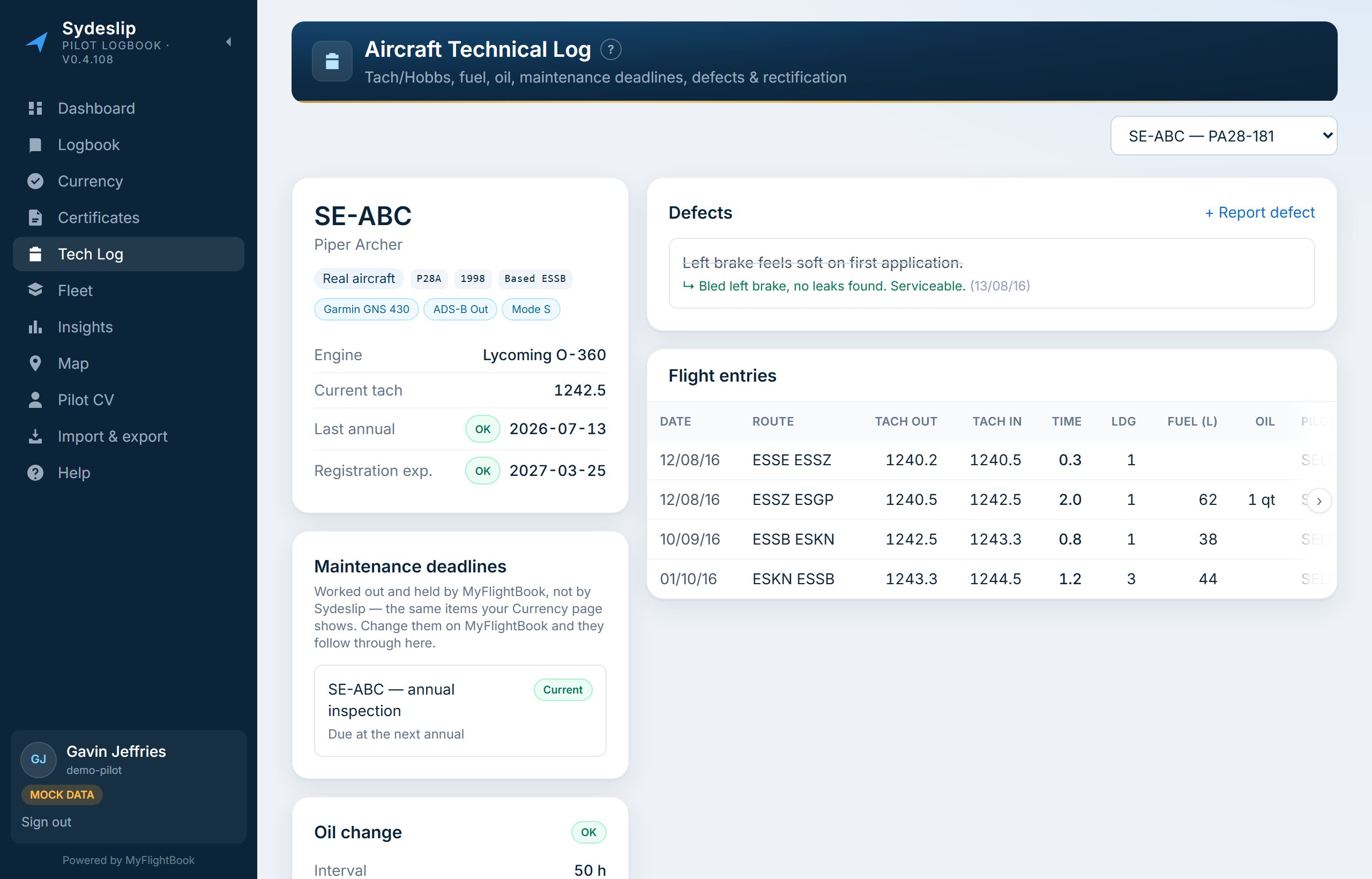 The Aircraft Technical Log: hours and cycles for an aircraft, maintenance deadlines, and an open defect list.